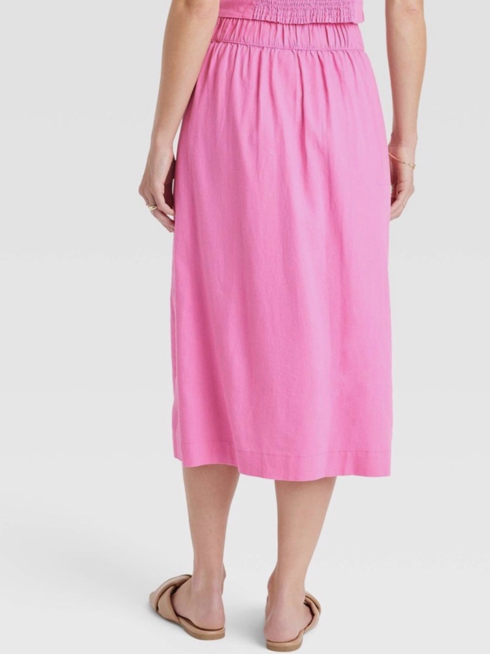 A New Day Pink Linen Blend Wrap Crossover Midi Skirt Side Tie Size Women’s Med - Picture 3 of 15